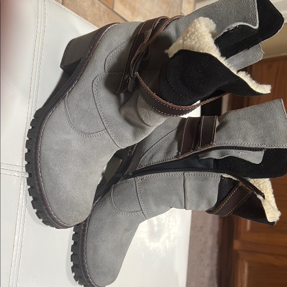 Gray Suede Ankle Boots with Shearling Lining